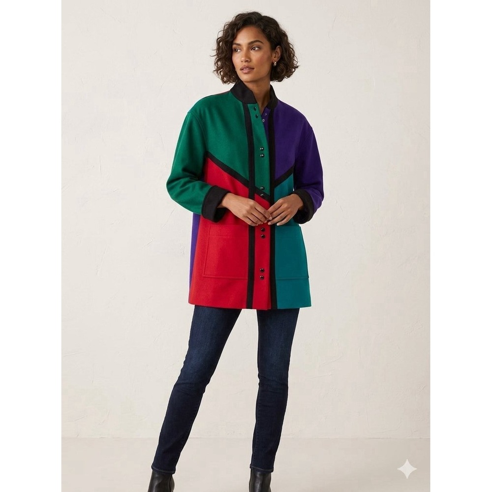 Vtg 80s International Scene Wool Coat Women's 13/14 Colorful Bright Colorblock
